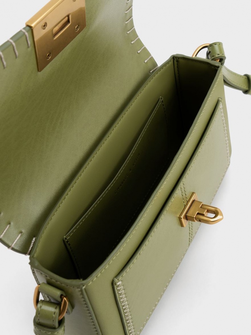 Geanta De Mana Charles & Keith Circe Stitch-Trim Top Masline Verzi | 684VTUCPL