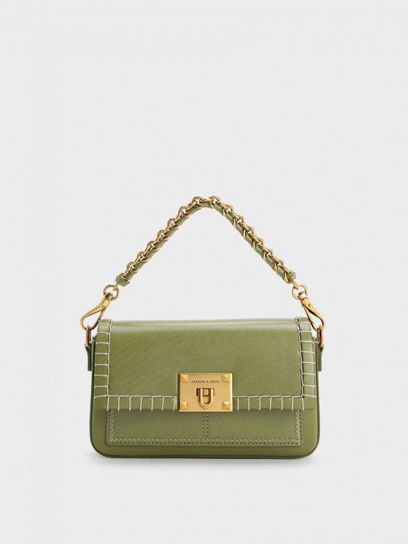 Geanta De Mana Charles & Keith Circe Stitch-Trim Top Masline Verzi | 684VTUCPL