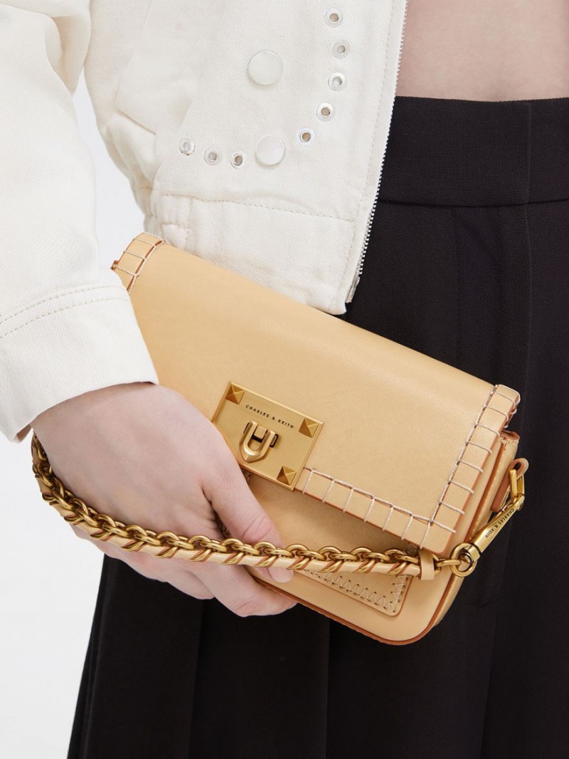 Geanta De Mana Charles & Keith Circe Stitch-Trim Top Bej | 148ENKWBI