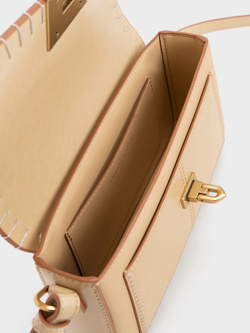 Geanta De Mana Charles & Keith Circe Stitch-Trim Top Bej | 148ENKWBI