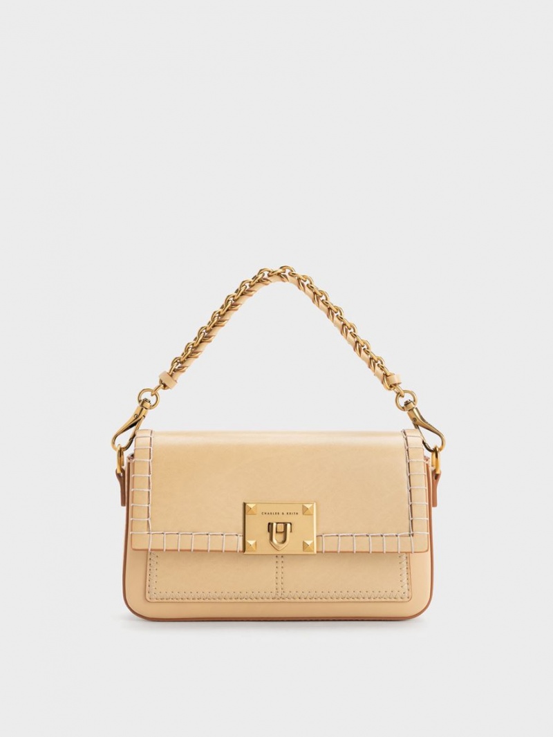 Geanta De Mana Charles & Keith Circe Stitch-Trim Top Bej | 148ENKWBI