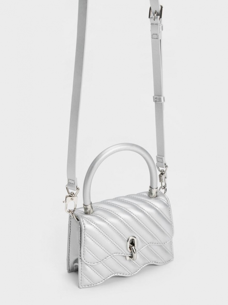 Geanta De Mana Charles & Keith Freja Wavy Matlasat Top Argintii | 278YSDIHL