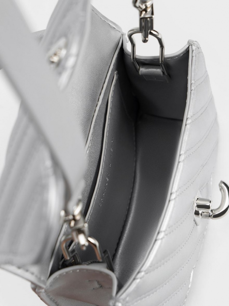 Geanta De Mana Charles & Keith Freja Wavy Matlasat Top Argintii | 278YSDIHL