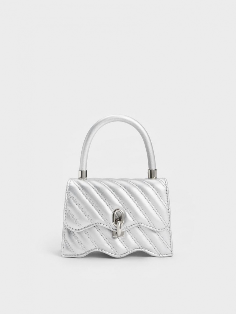 Geanta De Mana Charles & Keith Freja Wavy Matlasat Top Argintii | 278YSDIHL