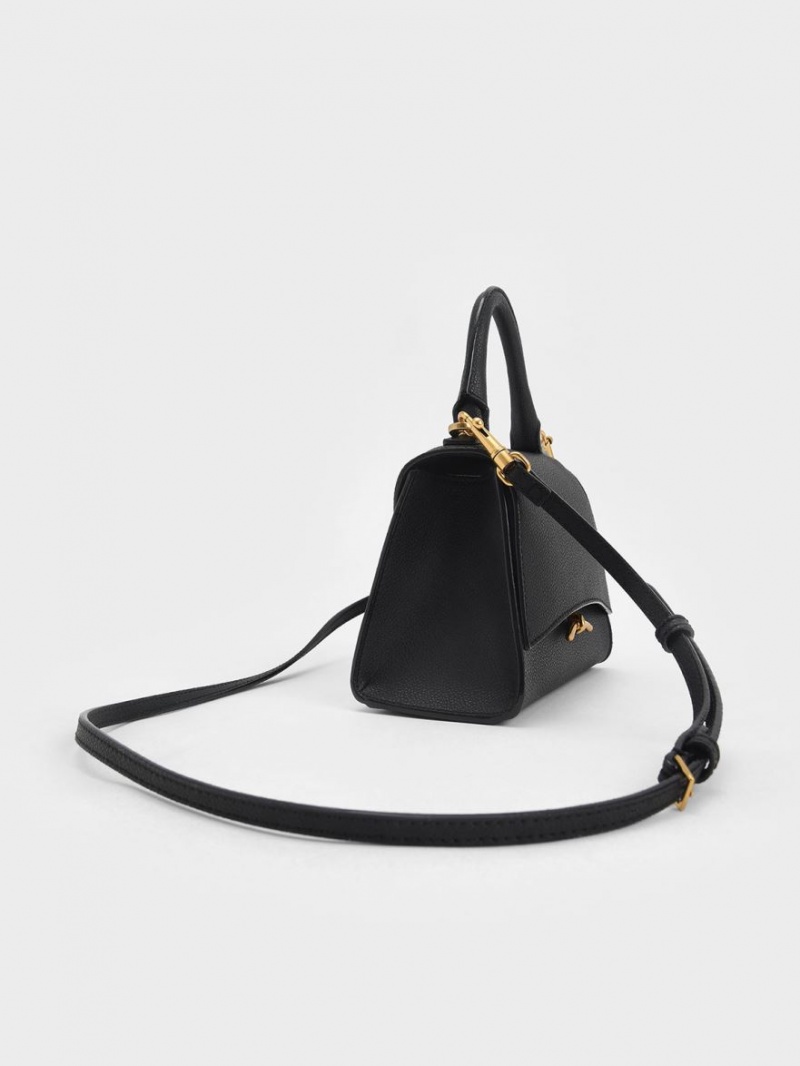 Geanta De Mana Charles & Keith Huxley Metallic Push-Lock Top Negrii | 146FJOBSC