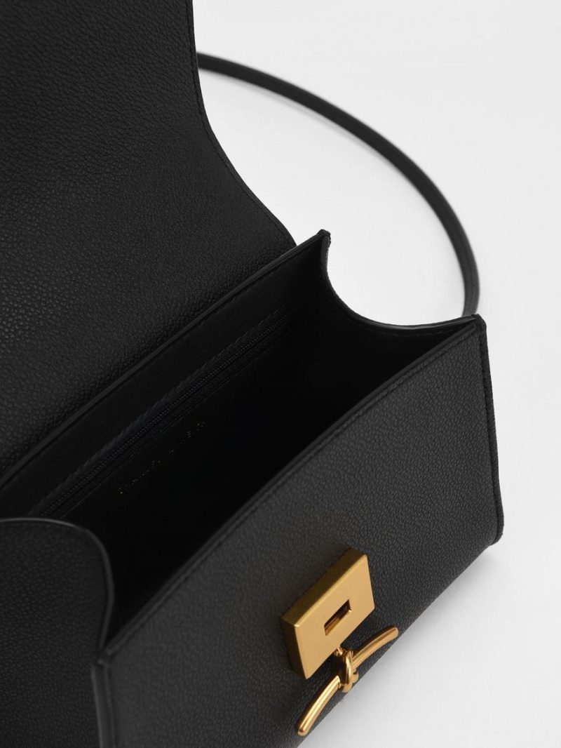 Geanta De Mana Charles & Keith Huxley Metallic Push-Lock Top Negrii | 146FJOBSC