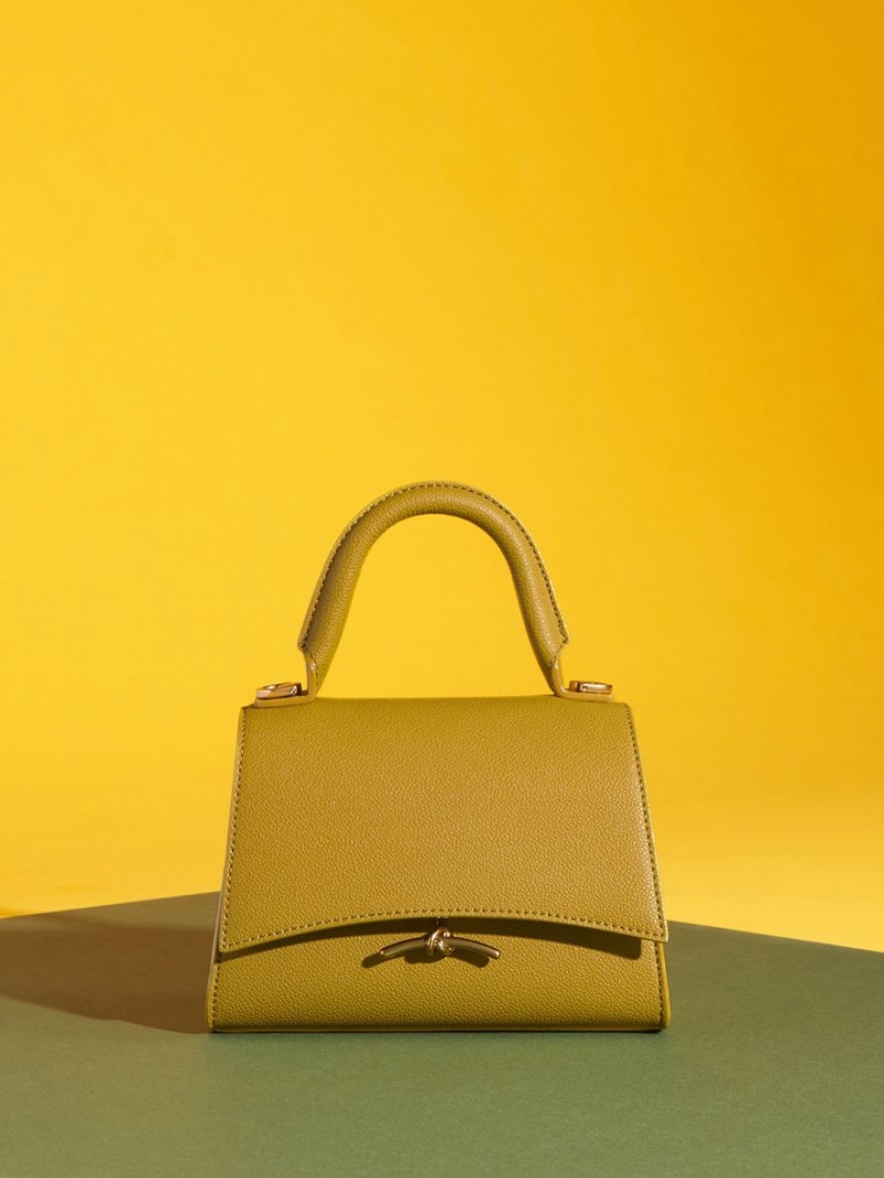 Geanta De Mana Charles & Keith Huxley Metallic Push-Lock Top Muștar | 187QXULCN