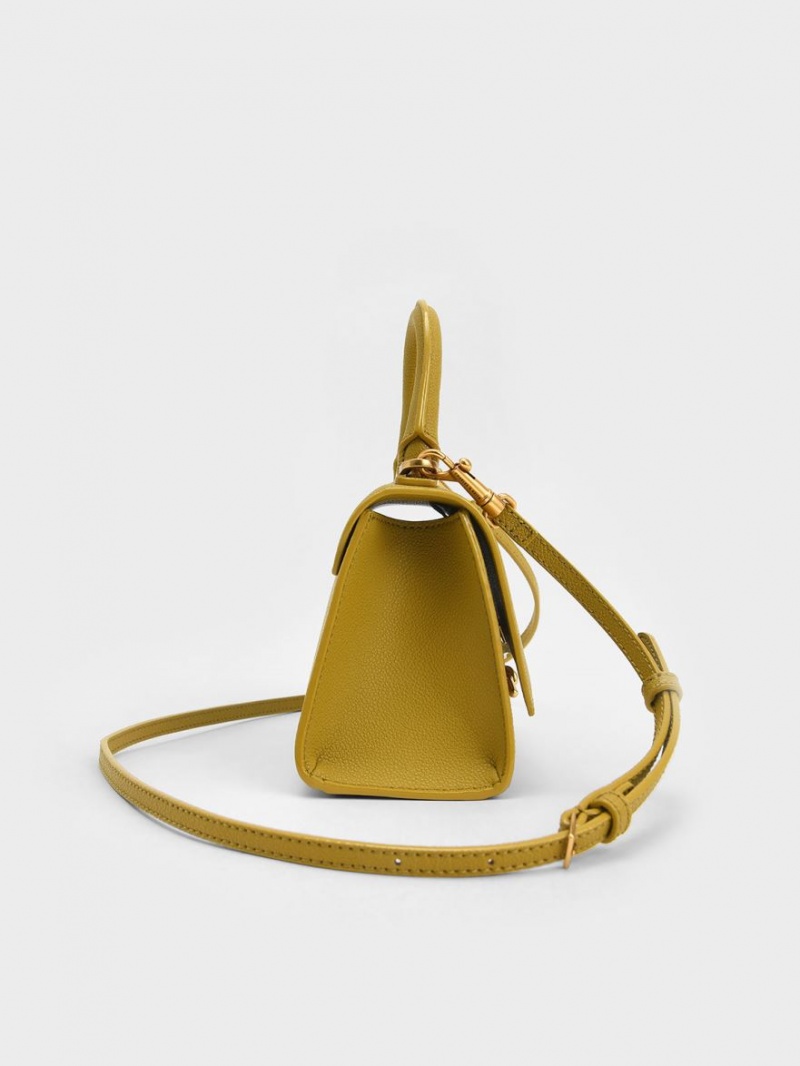 Geanta De Mana Charles & Keith Huxley Metallic Push-Lock Top Muștar | 187QXULCN