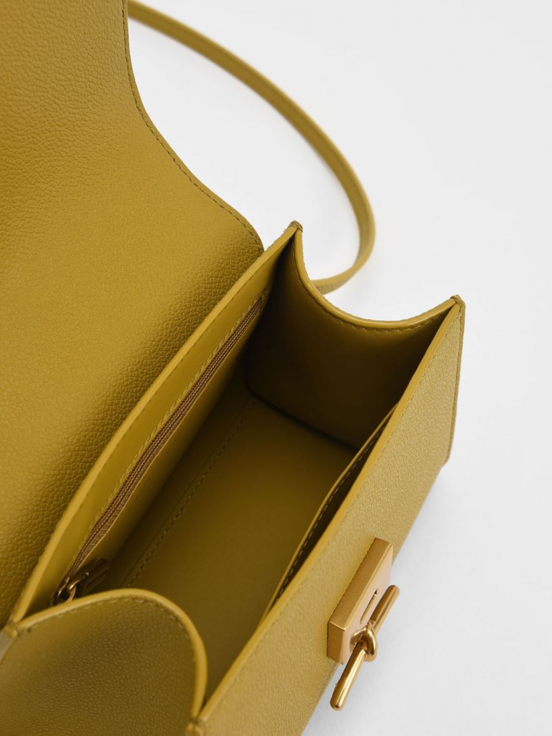 Geanta De Mana Charles & Keith Huxley Metallic Push-Lock Top Muștar | 187QXULCN
