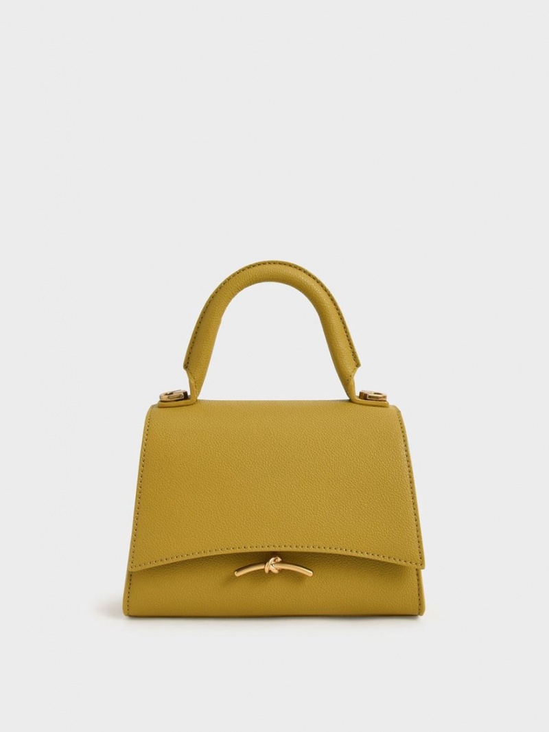 Geanta De Mana Charles & Keith Huxley Metallic Push-Lock Top Muștar | 187QXULCN