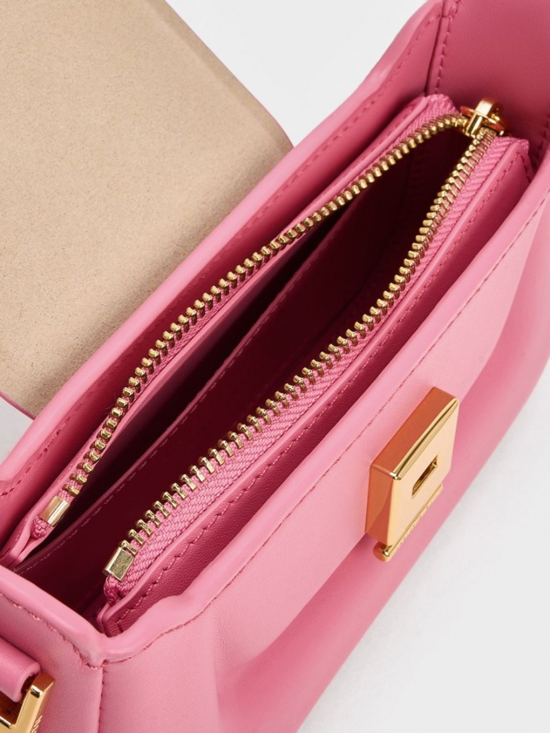 Geanta De Mana Charles & Keith Koa Piele Push-Lock Top Roz | 360KTNCFZ