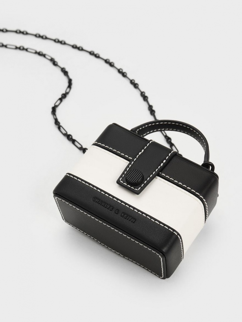 Geanta De Mana Charles & Keith Mini Bronte Contrast Trim Top Negrii Albi | 126KNXRZB