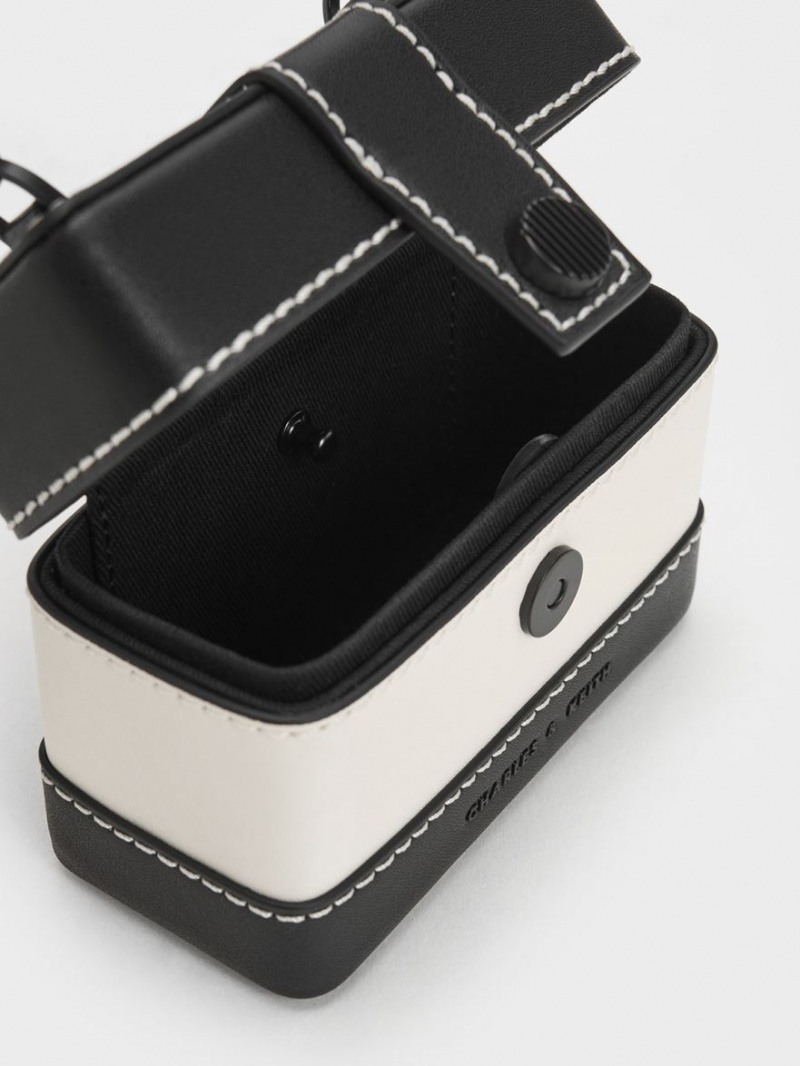 Geanta De Mana Charles & Keith Mini Bronte Contrast Trim Top Negrii Albi | 126KNXRZB
