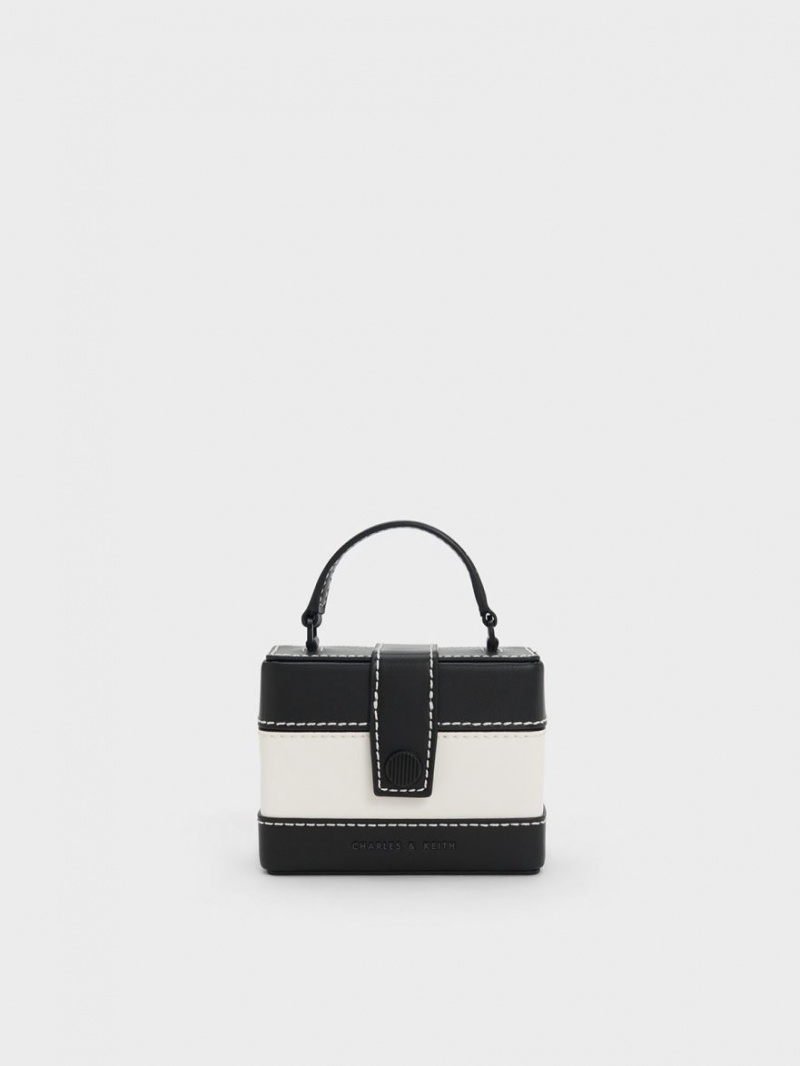 Geanta De Mana Charles & Keith Mini Bronte Contrast Trim Top Negrii Albi | 126KNXRZB