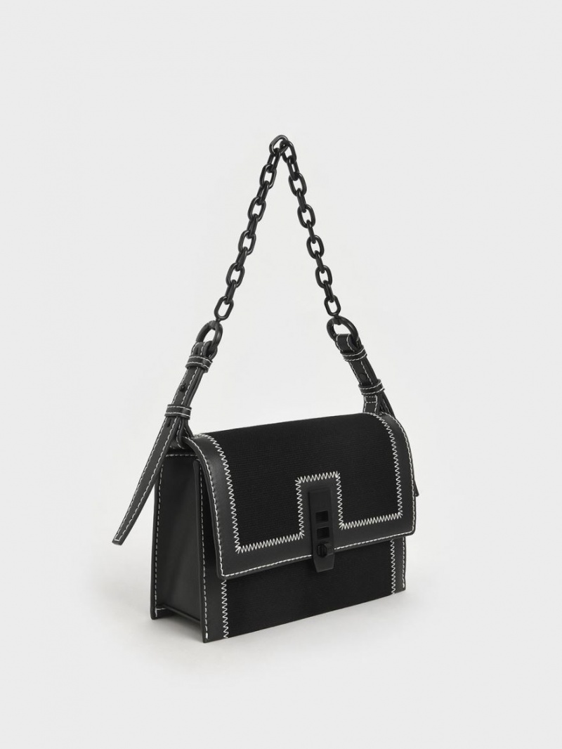 Geanta De Mana Charles & Keith Panza Turn-Lock Chain Negrii | 547VXGIFH