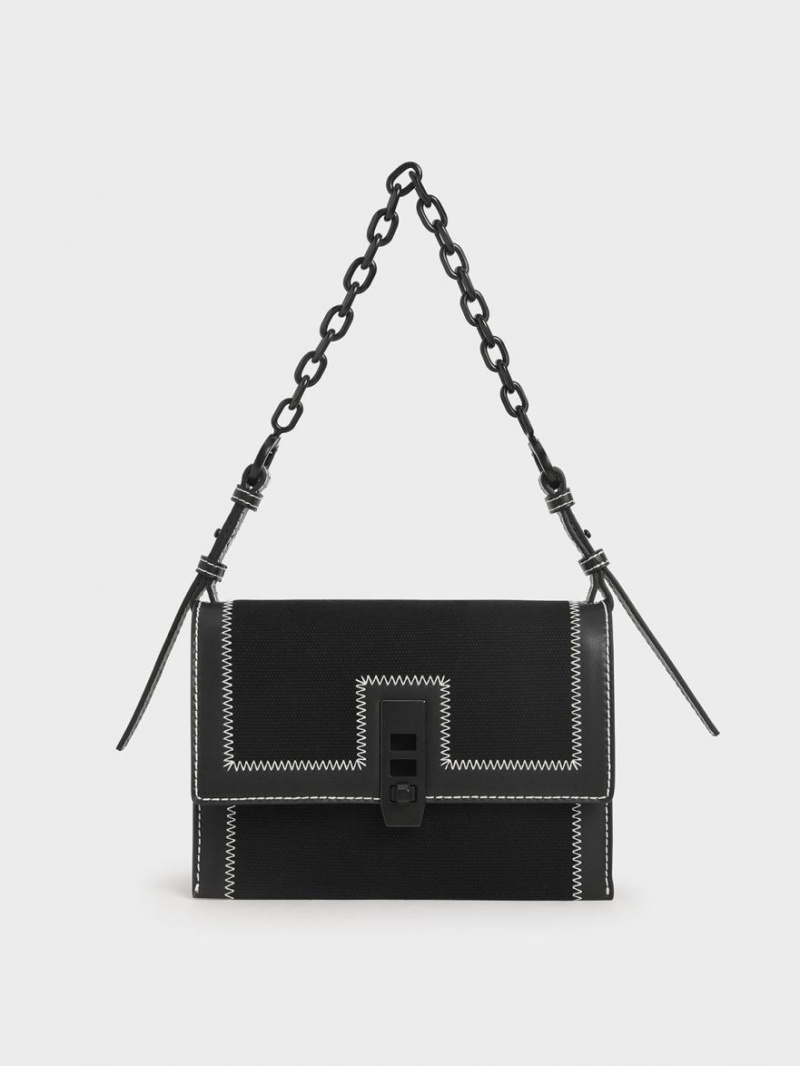 Geanta De Mana Charles & Keith Panza Turn-Lock Chain Negrii | 547VXGIFH
