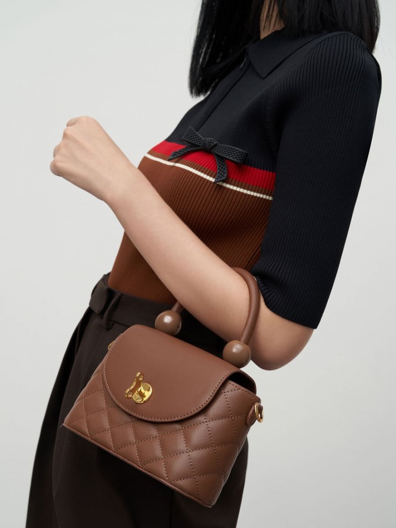 Geanta De Mana Charles & Keith Round Matlasat Top Ciocolata | 027NSWEMZ