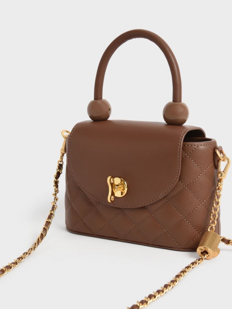 Geanta De Mana Charles & Keith Round Matlasat Top Ciocolata | 027NSWEMZ