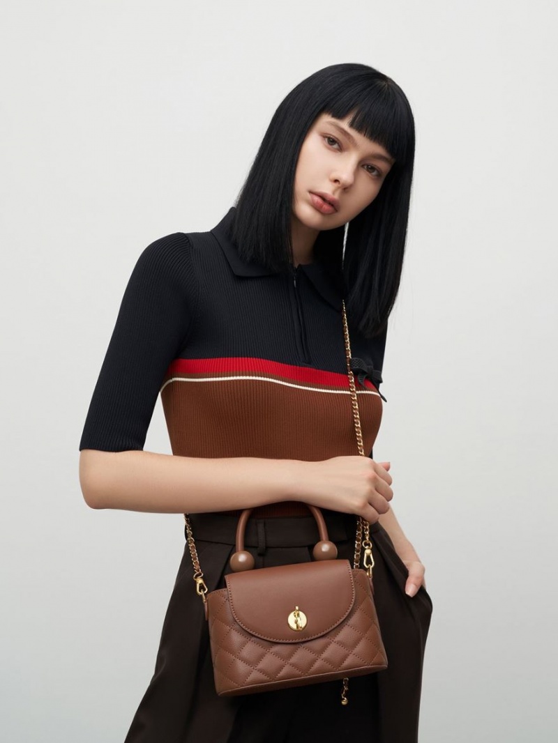 Geanta De Mana Charles & Keith Round Matlasat Top Ciocolata | 027NSWEMZ