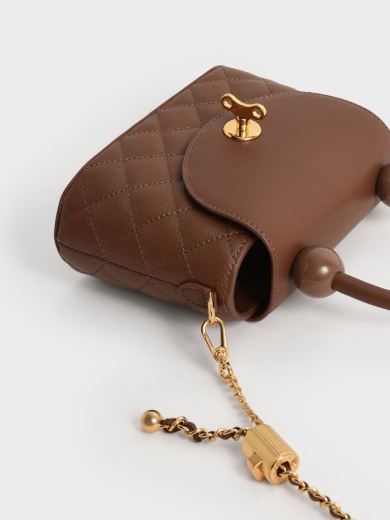 Geanta De Mana Charles & Keith Round Matlasat Top Ciocolata | 027NSWEMZ