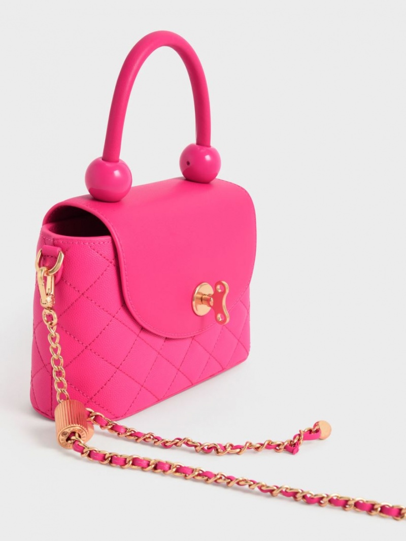 Geanta De Mana Charles & Keith Round Matlasat Top Fucsie | 712WOEHFS