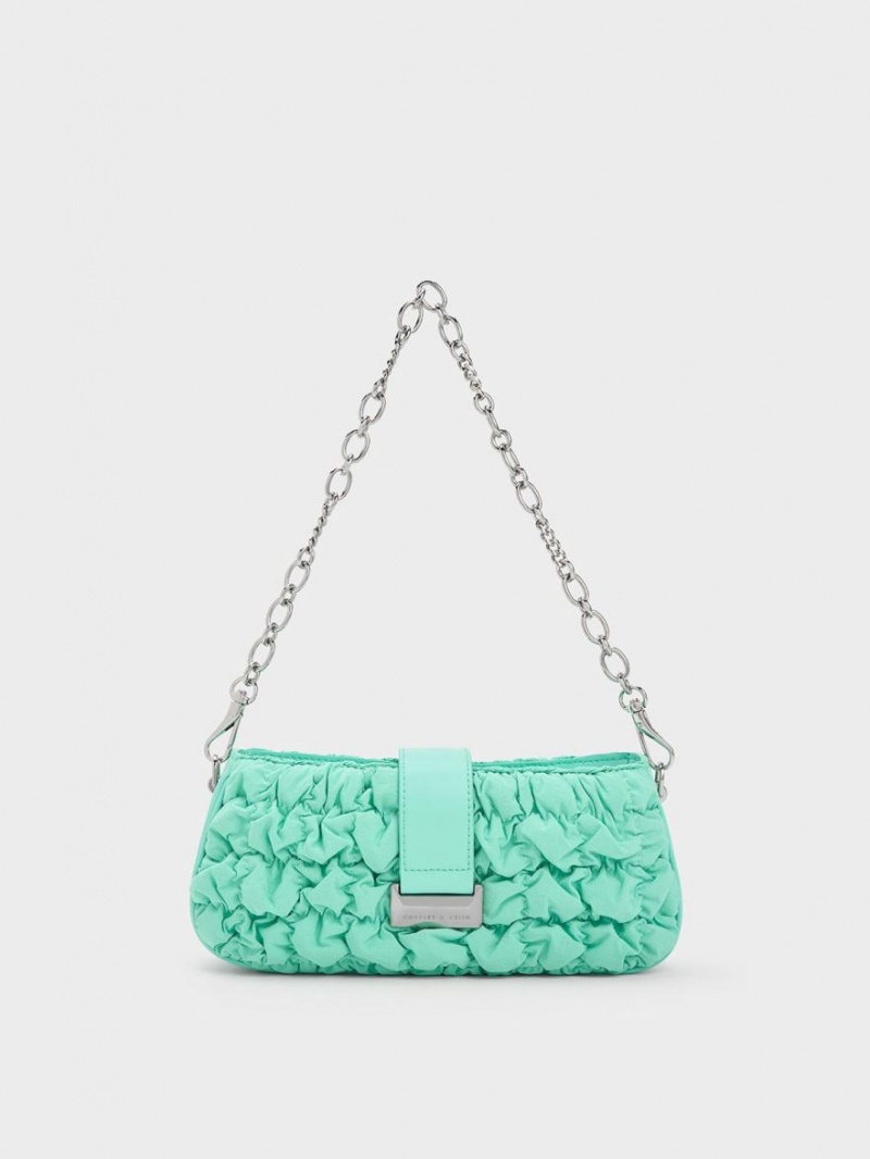 Geanta De Mana Charles & Keith Ruched Nailon Chain Turcoaz | 853YFUISN