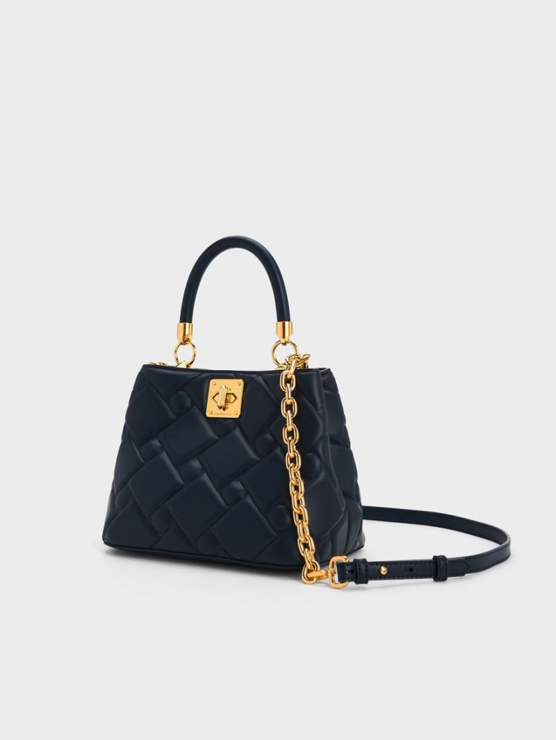 Geanta De Mana Charles & Keith Tillie Matlasat Top Bleumarin | 298NZIRAO