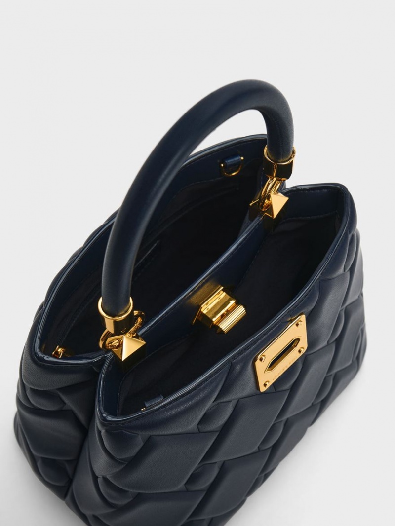 Geanta De Mana Charles & Keith Tillie Matlasat Top Bleumarin | 298NZIRAO