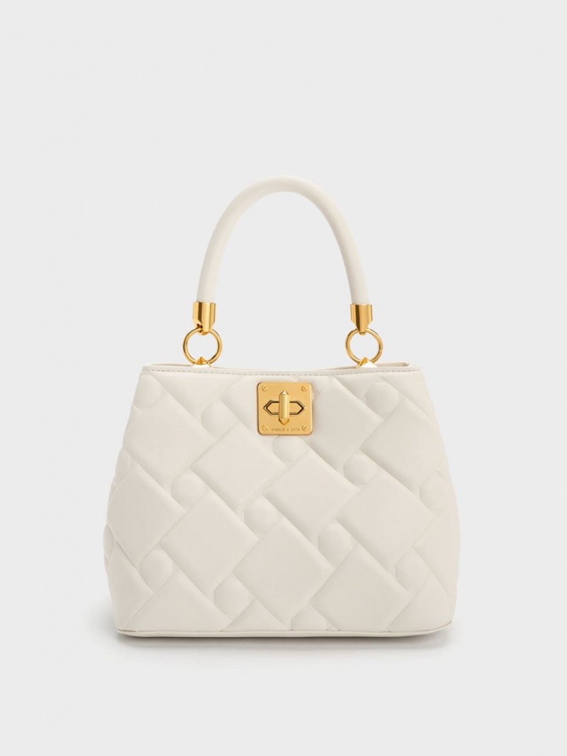 Geanta De Mana Charles & Keith Tillie Matlasat Top Albi | 324SIVTPW