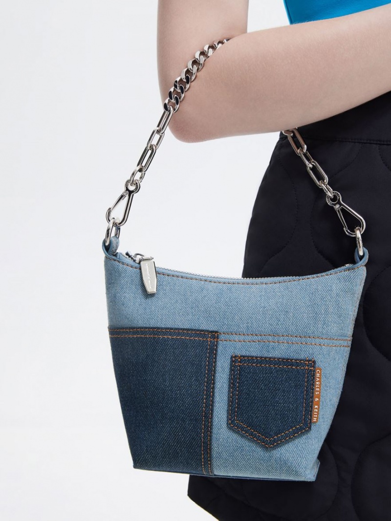 Geanta De Umar Charles & Keith Anthea Denim Contrast-Trim Albastri | 206MUHPXL