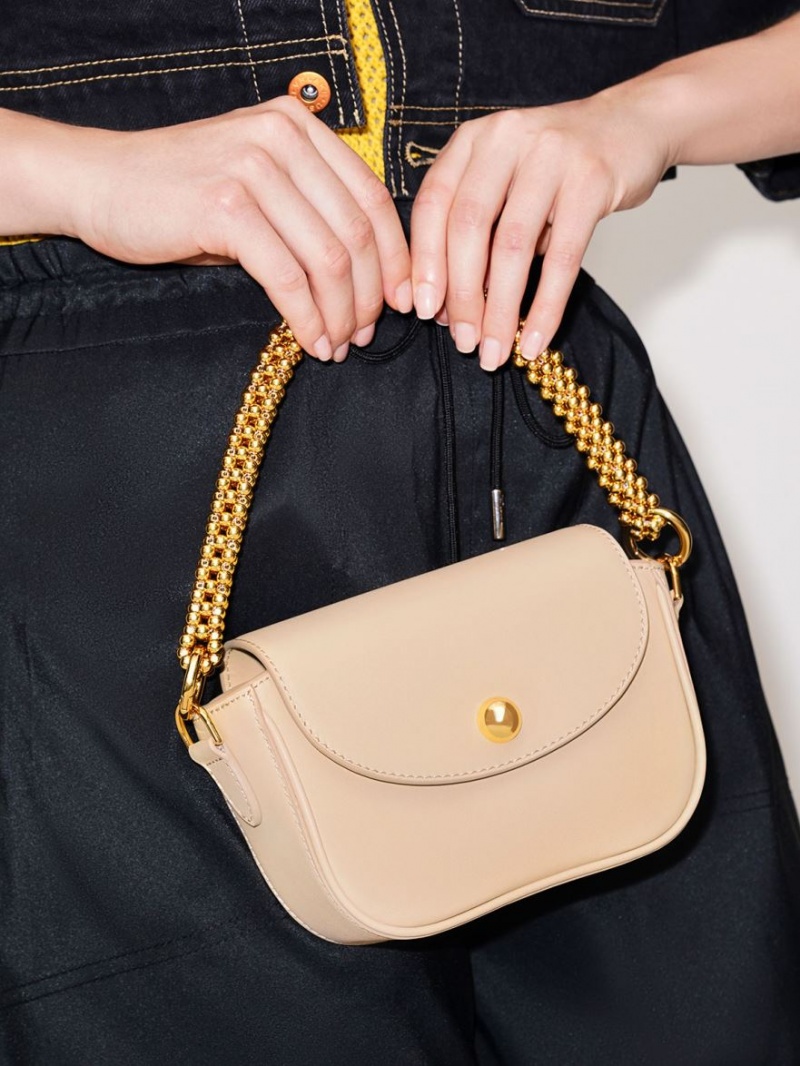 Geanta De Umar Charles & Keith Beaded Metallic Handle Sculptural Bej | 493MIXLUV