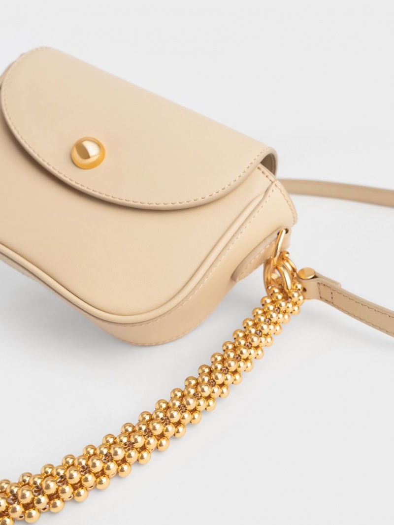 Geanta De Umar Charles & Keith Beaded Metallic Handle Sculptural Bej | 493MIXLUV