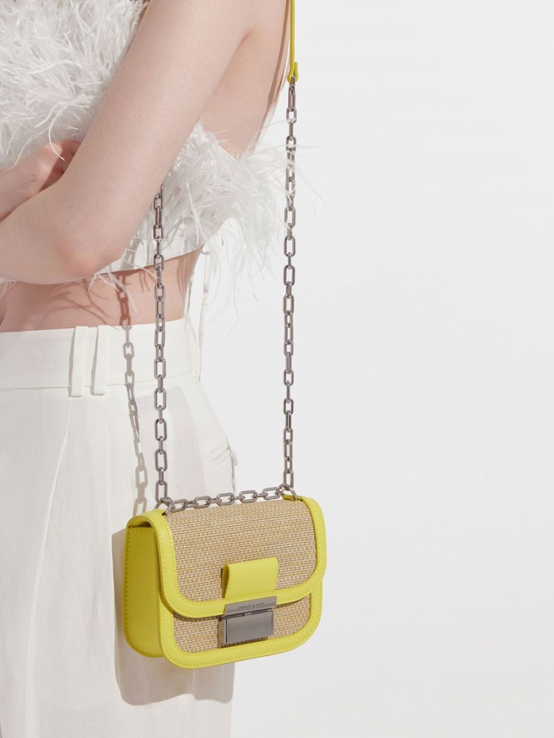Geanta De Umar Charles & Keith Charlot Raffia Chain Curea Galbeni | 497LHVTSU