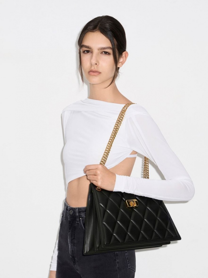 Geanta De Umar Charles & Keith Cressida Matlasat Trapeze Chain Negrii | 148DQGWFH