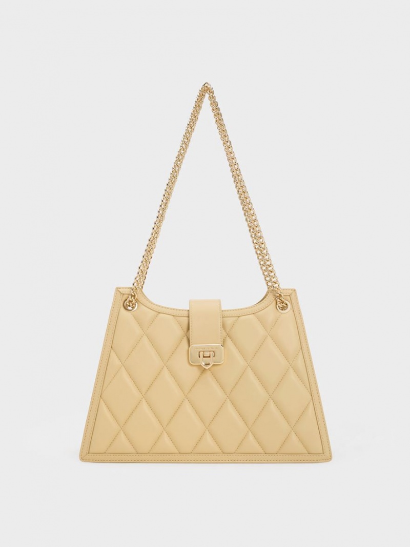 Geanta De Umar Charles & Keith Cressida Matlasat Trapeze Chain Bej | 375SMZHTC