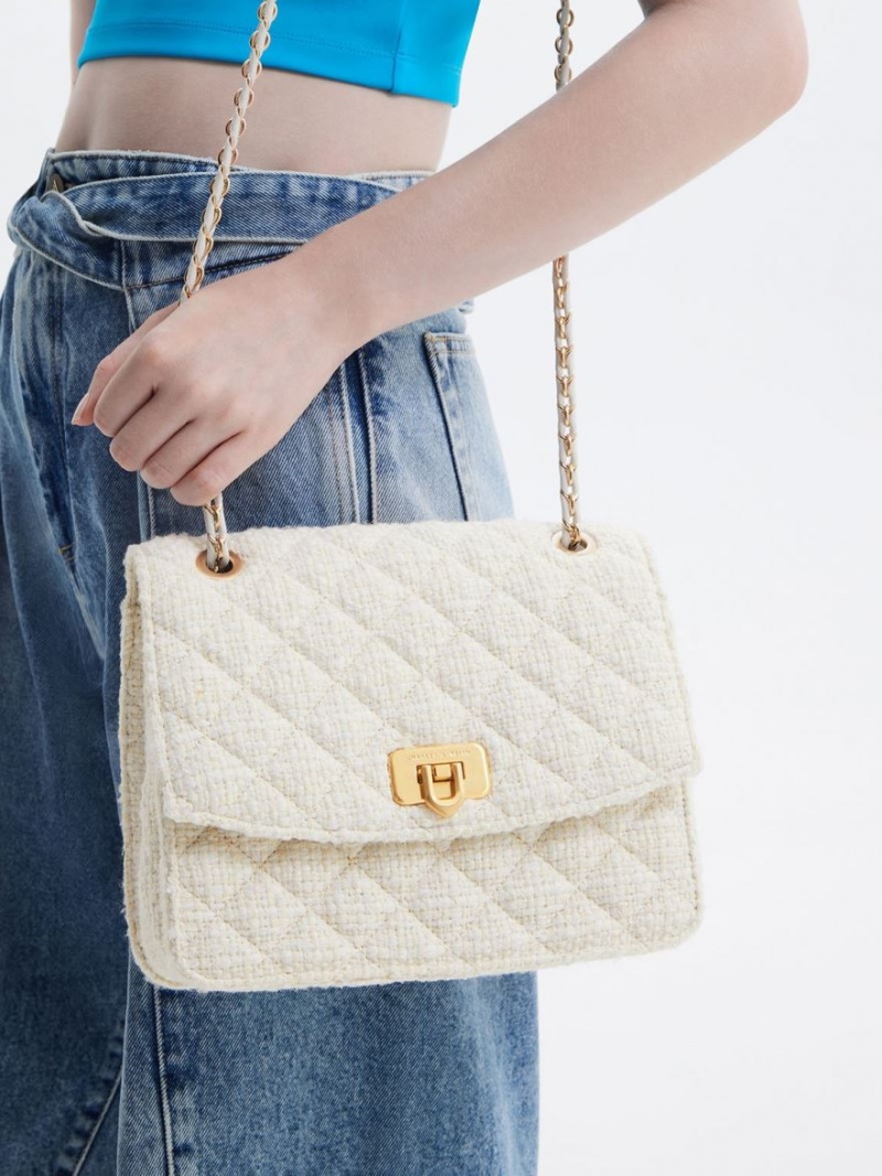 Geanta De Umar Charles & Keith Cressida Tweed Chain Curea Albi | 136DBHVKU