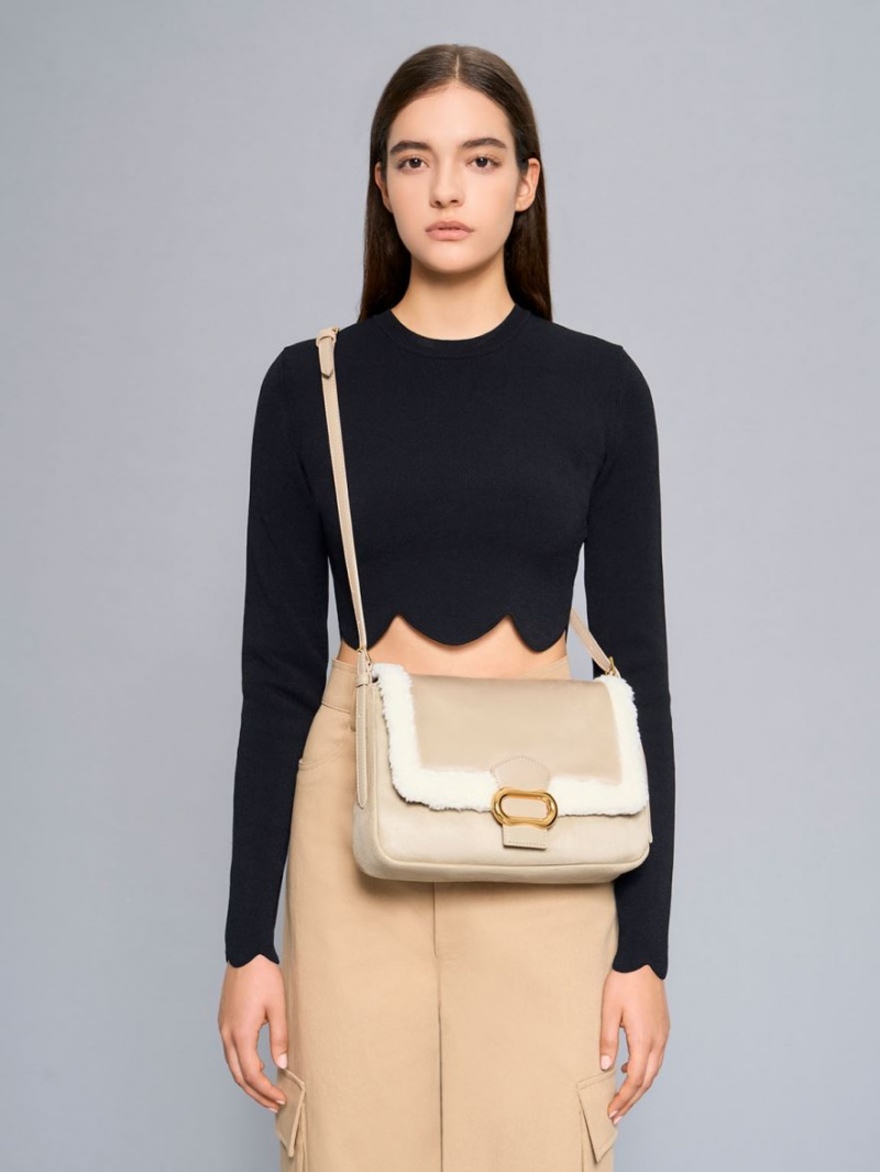 Geanta De Umar Charles & Keith Daki Fur-Trim Belted Trapeze Bej | 742LKUYGO