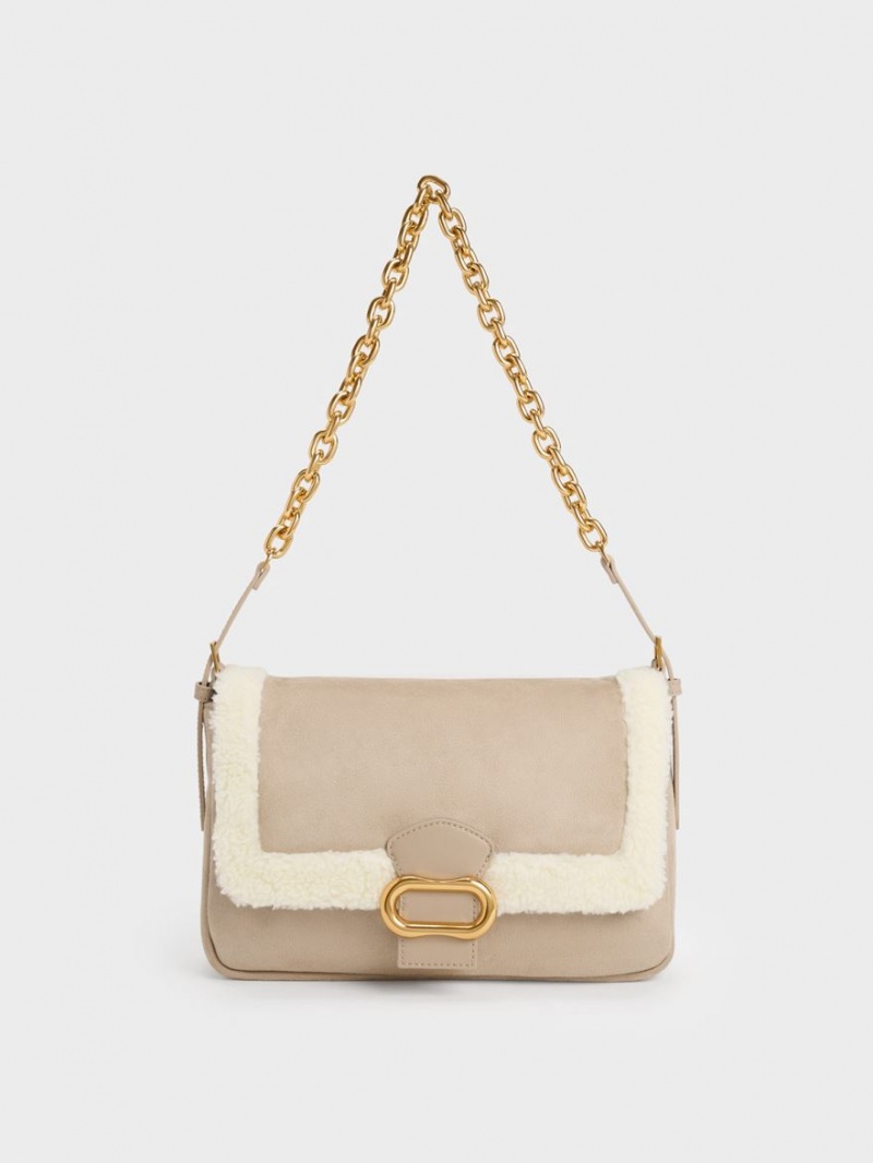 Geanta De Umar Charles & Keith Daki Fur-Trim Belted Trapeze Bej | 742LKUYGO
