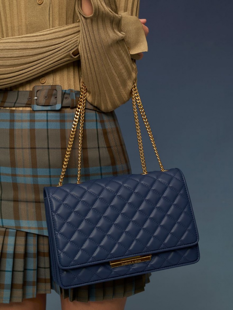 Geanta De Umar Charles & Keith Double Chain Handle Matlasat Bleumarin | 760UNFEGZ