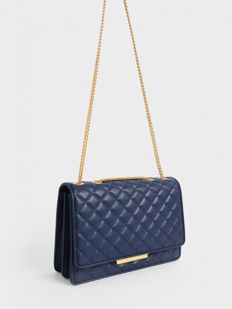 Geanta De Umar Charles & Keith Double Chain Handle Matlasat Bleumarin | 760UNFEGZ