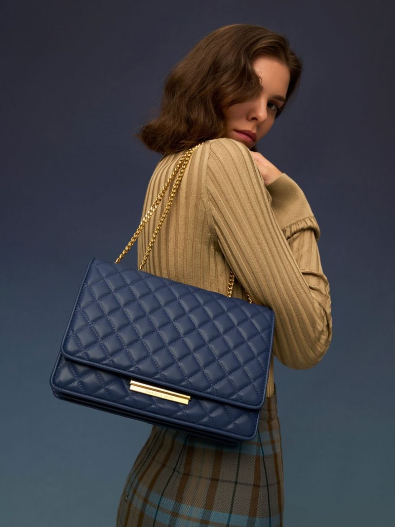 Geanta De Umar Charles & Keith Double Chain Handle Matlasat Bleumarin | 760UNFEGZ