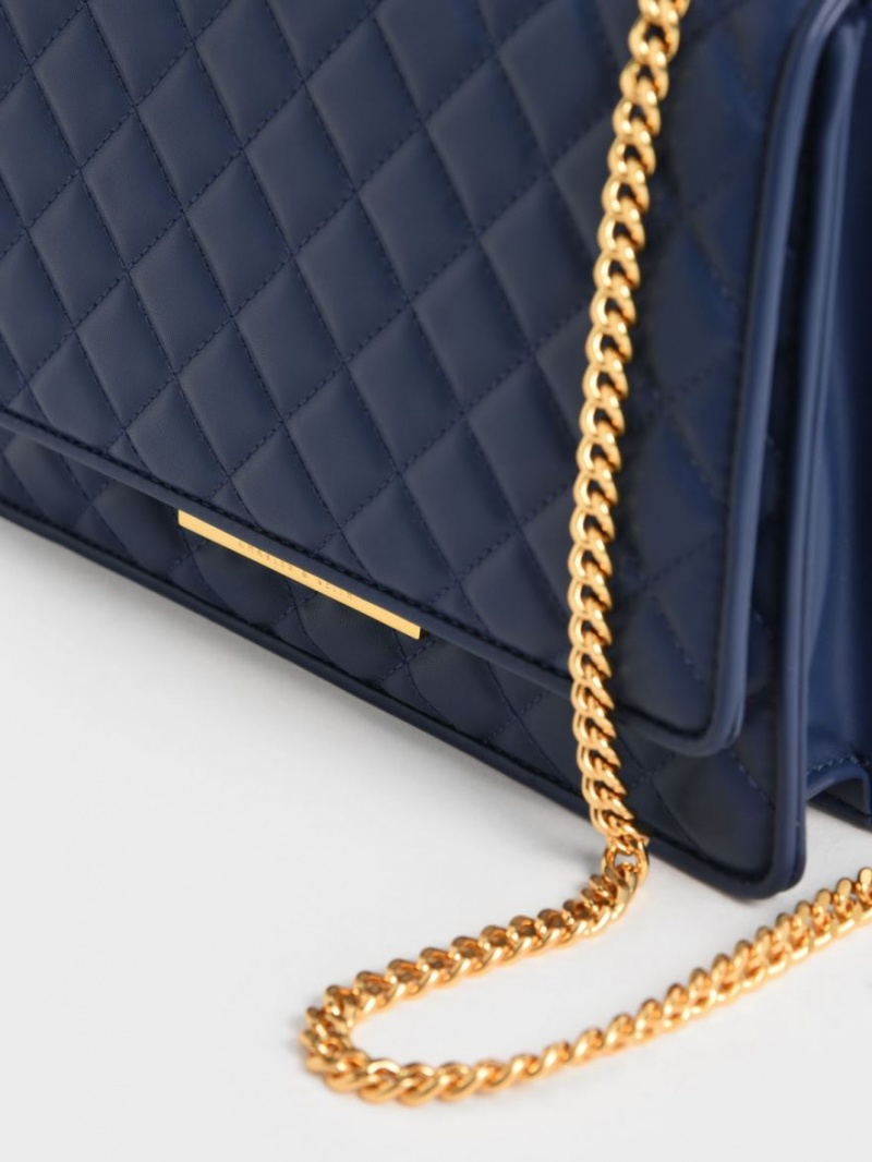 Geanta De Umar Charles & Keith Double Chain Handle Matlasat Bleumarin | 760UNFEGZ