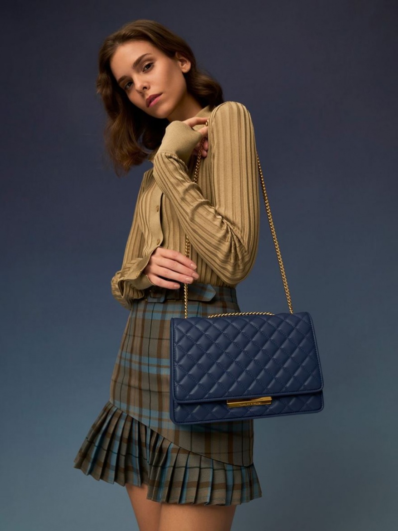 Geanta De Umar Charles & Keith Double Chain Handle Matlasat Bleumarin | 760UNFEGZ