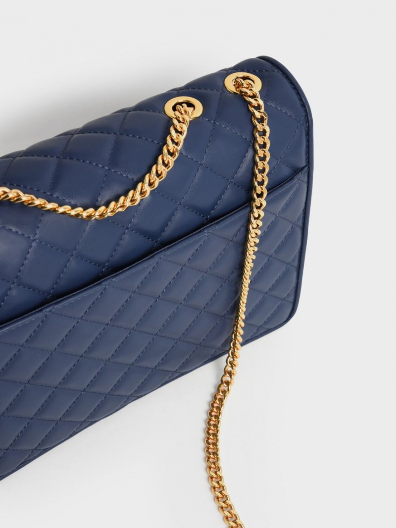 Geanta De Umar Charles & Keith Double Chain Handle Matlasat Bleumarin | 760UNFEGZ