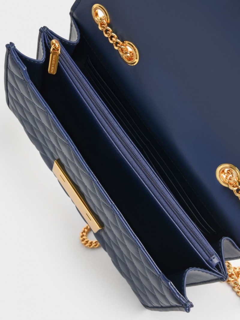 Geanta De Umar Charles & Keith Double Chain Handle Matlasat Bleumarin | 760UNFEGZ
