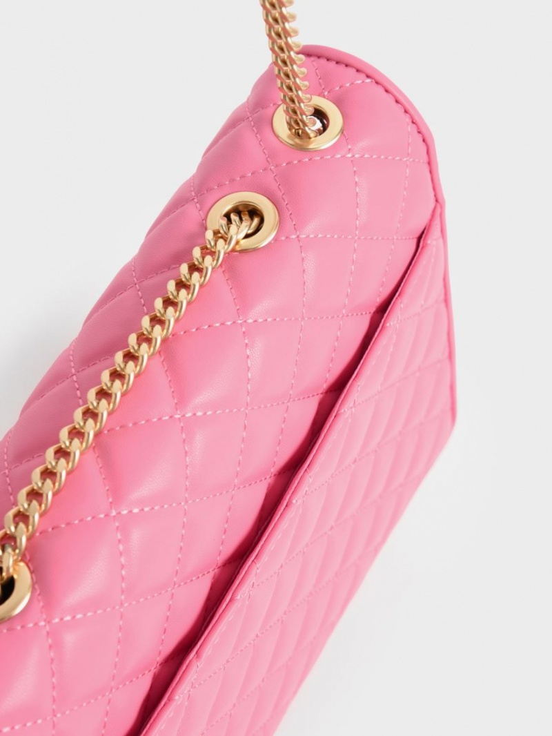 Geanta De Umar Charles & Keith Double Chain Handle Matlasat Roz | 019JXYLBZ