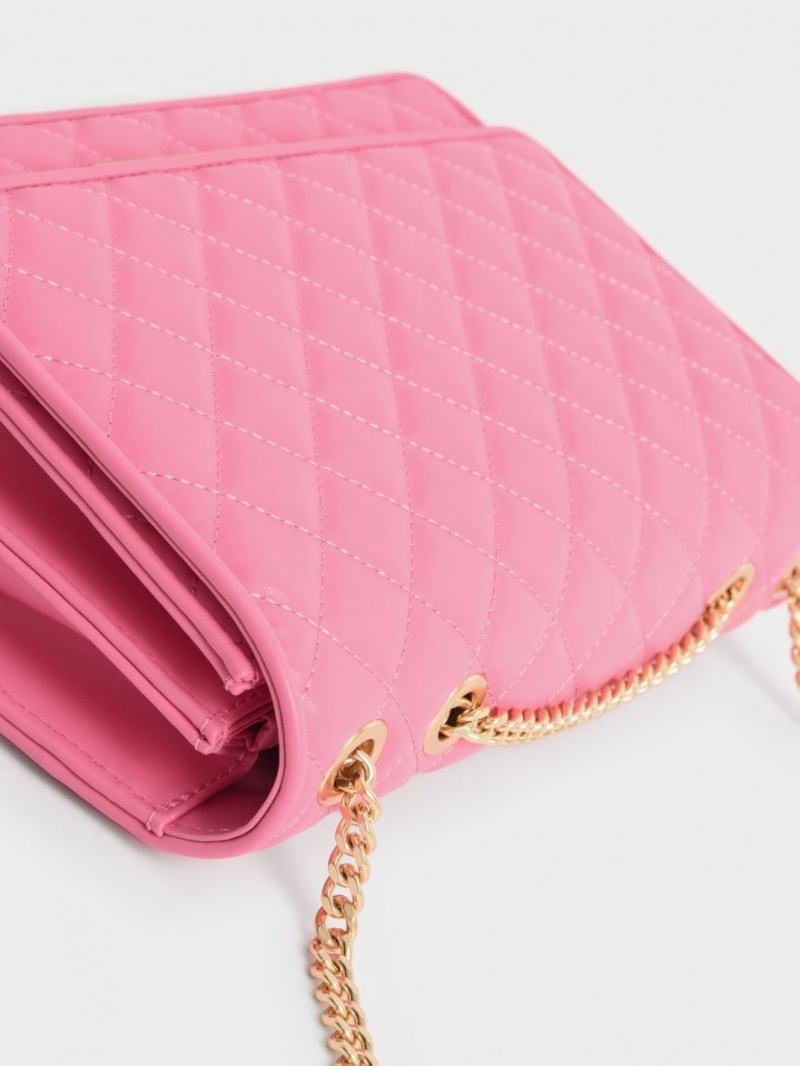 Geanta De Umar Charles & Keith Double Chain Handle Matlasat Roz | 019JXYLBZ