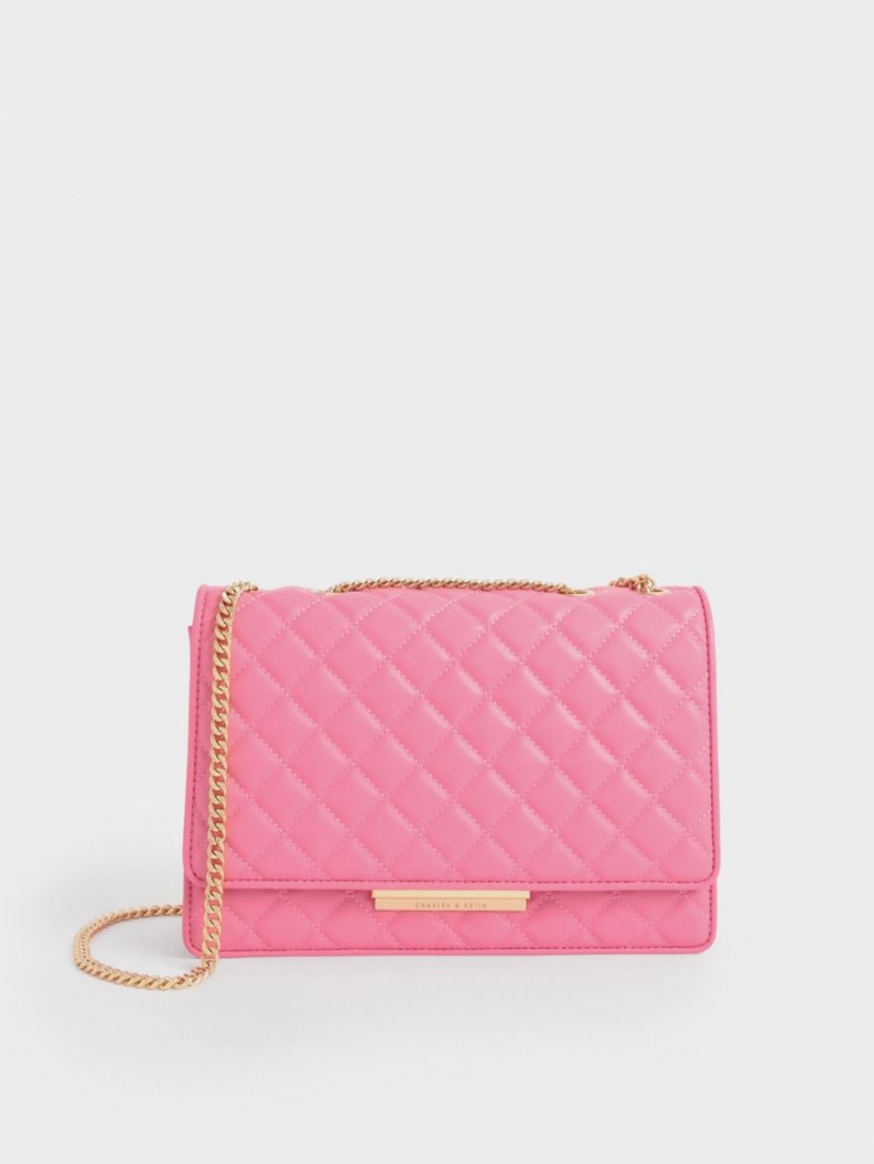 Geanta De Umar Charles & Keith Double Chain Handle Matlasat Roz | 019JXYLBZ