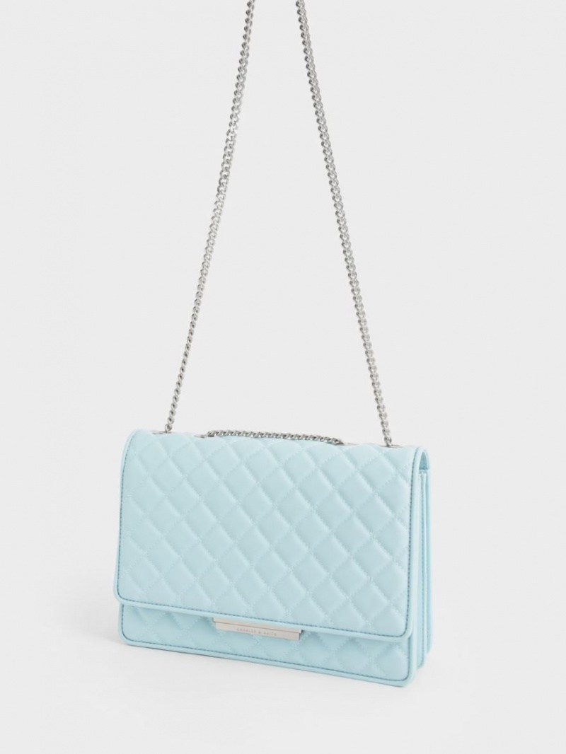 Geanta De Umar Charles & Keith Double Chain Handle Matlasat Albastri Deschis | 601BQCPMJ
