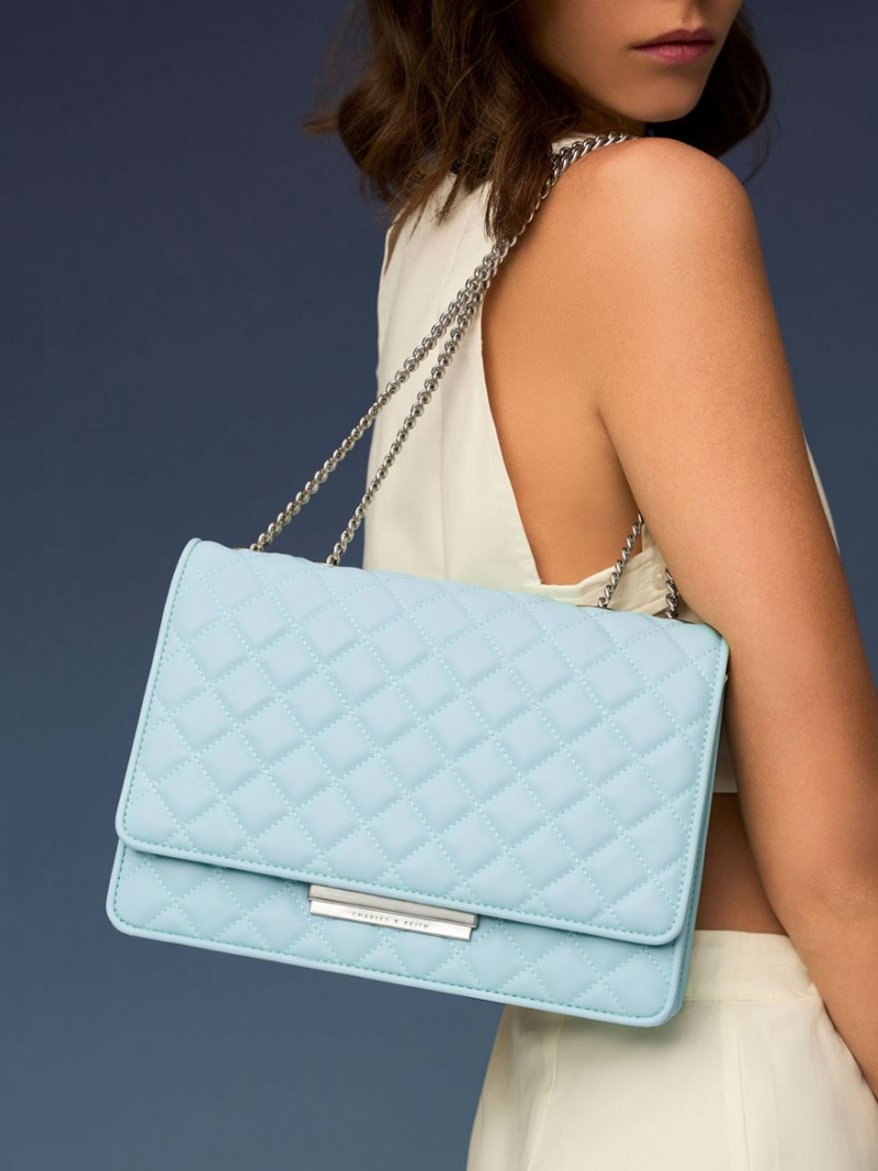Geanta De Umar Charles & Keith Double Chain Handle Matlasat Albastri Deschis | 601BQCPMJ